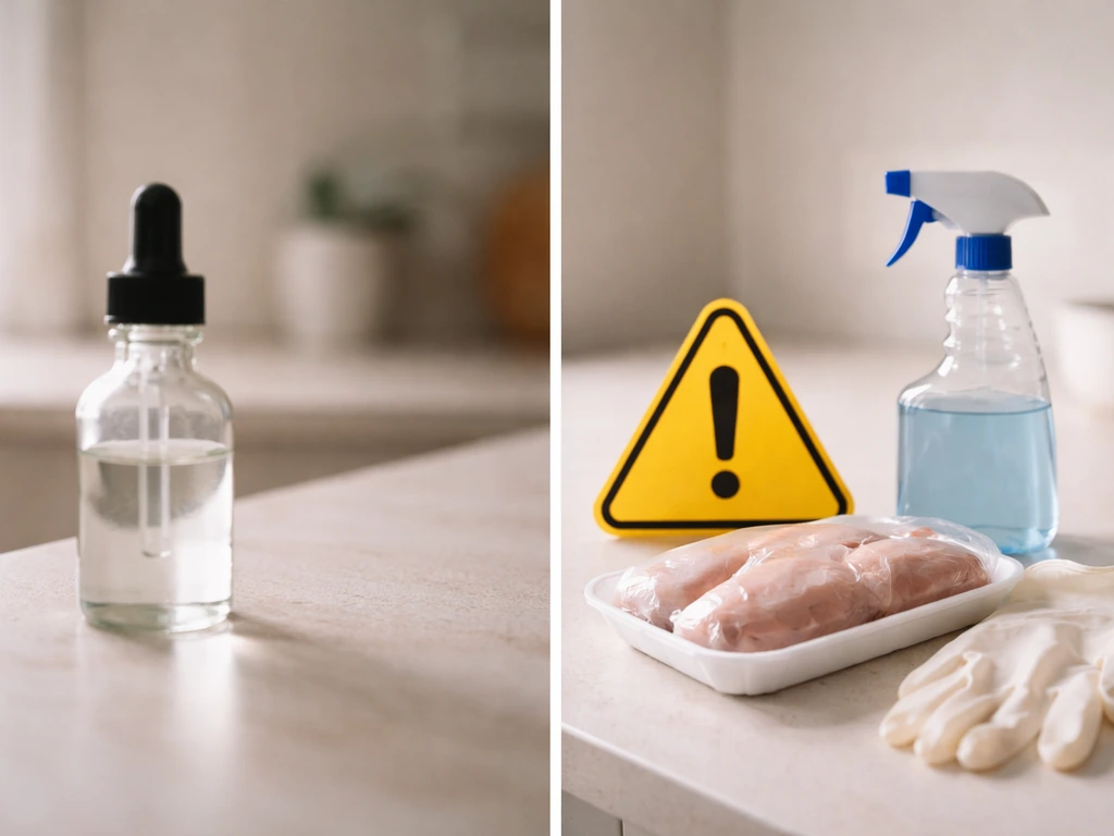 Small vinegar bottle beside caution sign and poultry and cleaning supplies on a kitchen counter.