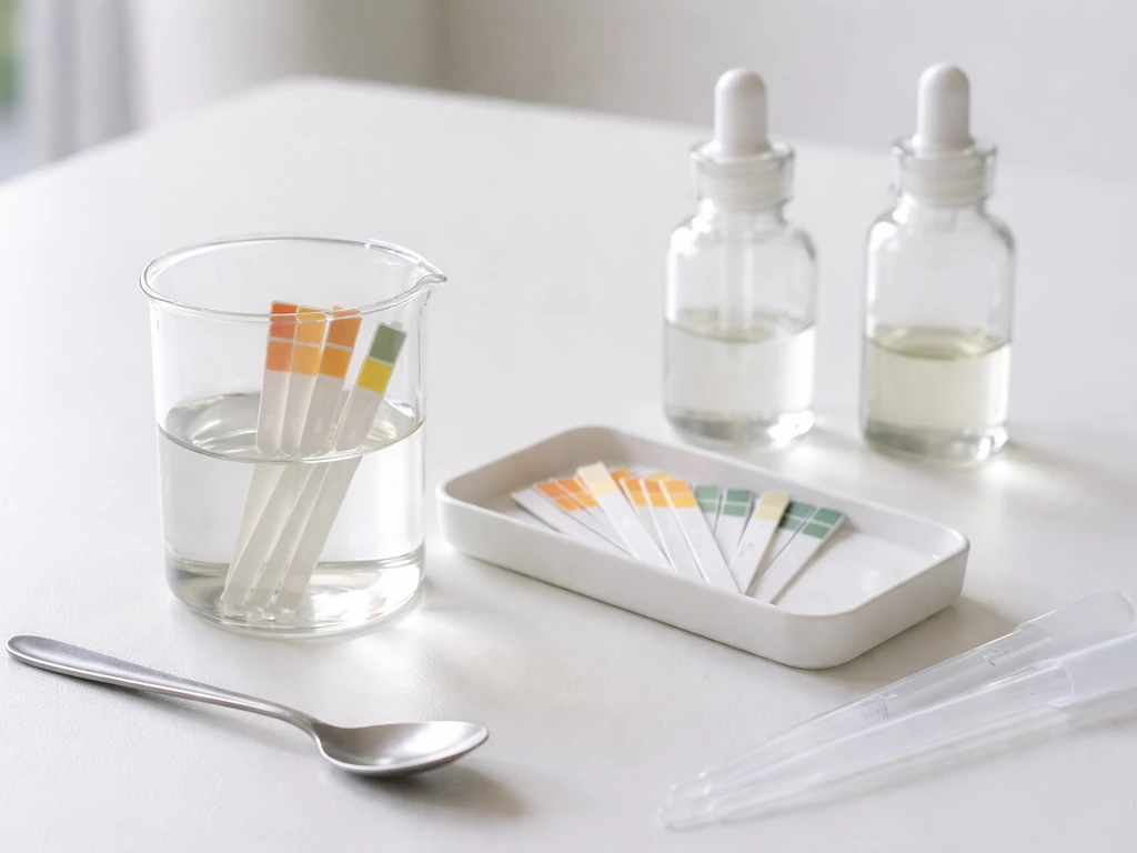 Minimal lab scene showing vinegar/acetic acid solution with pH test strips in a simple tray