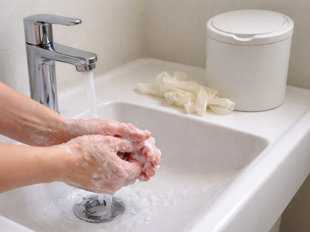 Hands washing at a sink with soap and running water, with gloves and a small trash bin nearby.