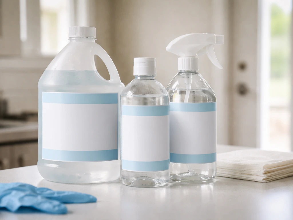 Close-up of clearly marked registered disinfectant bottles on a clean counter with a doorway background blur.