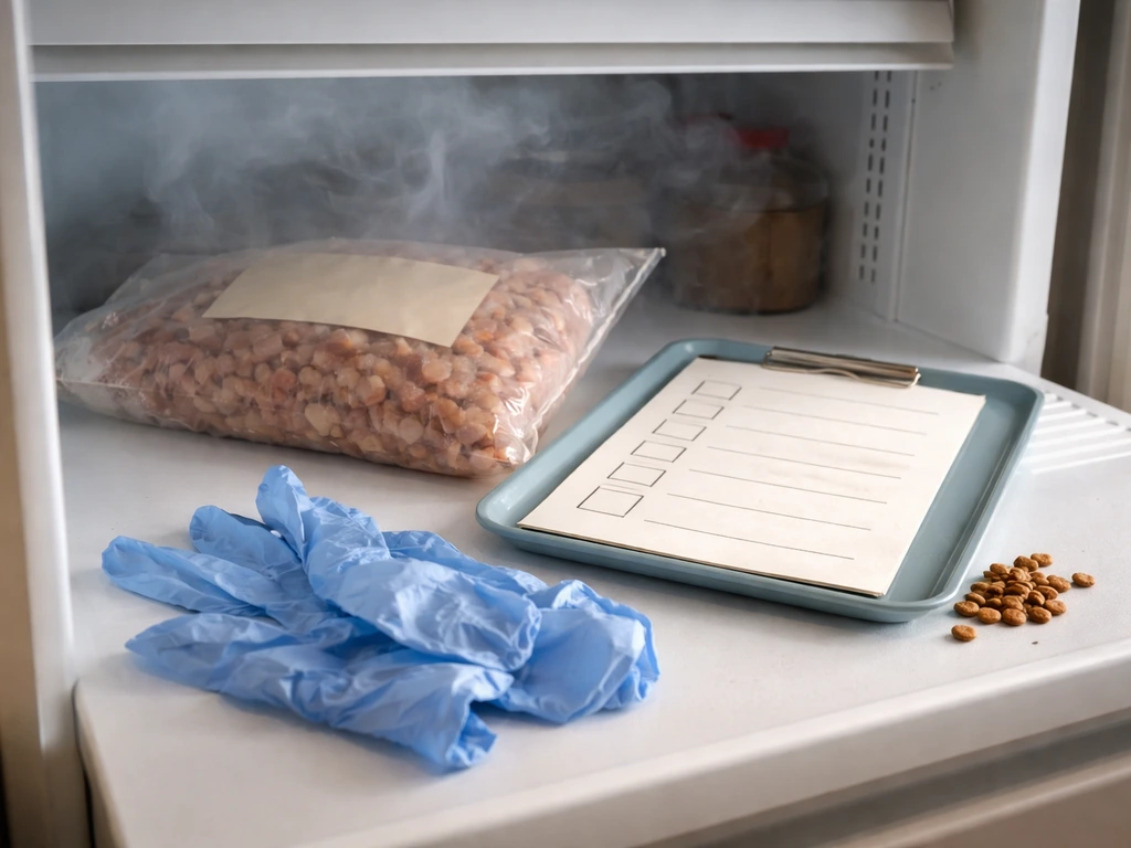 Open freezer with a raw cat food bag and a simple recall checklist beside disposable gloves.
