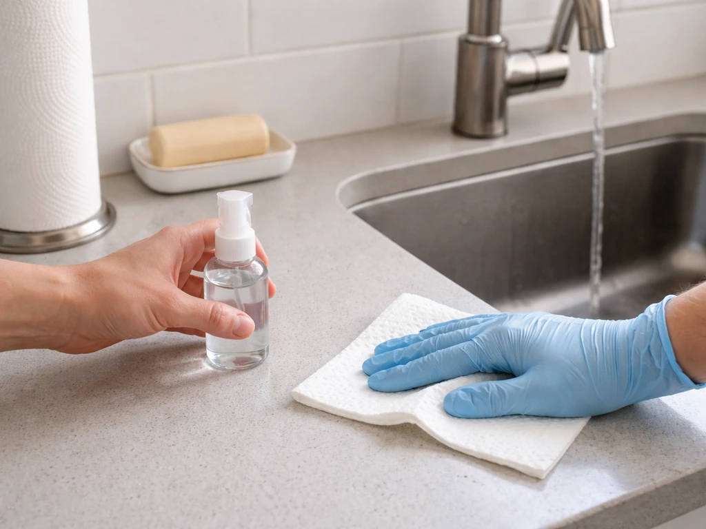 Gloved hands wipe a kitchen counter after raw cat food, with soap, paper towels, and a running sink nearby.