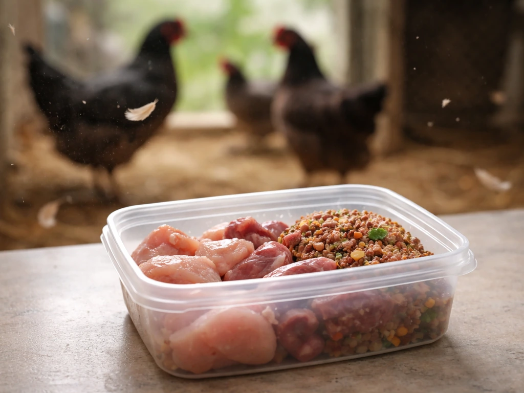 Minimal photo illustration showing poultry background and raw pet food components with a clear risk pathway.