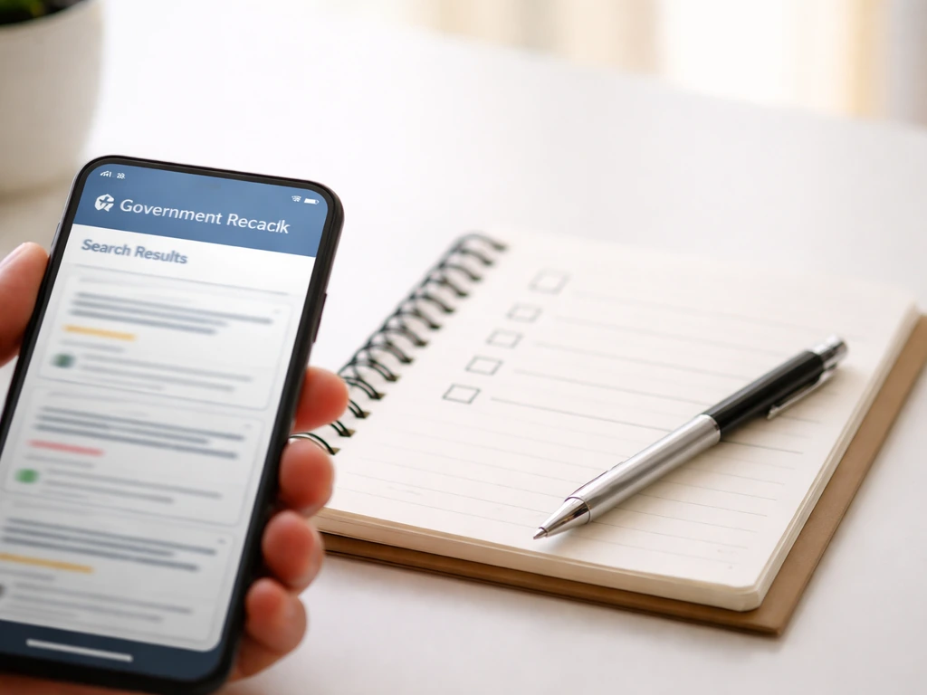 Smartphone with a generic recall search page next to a pen-and-notebook checklist on a desk.