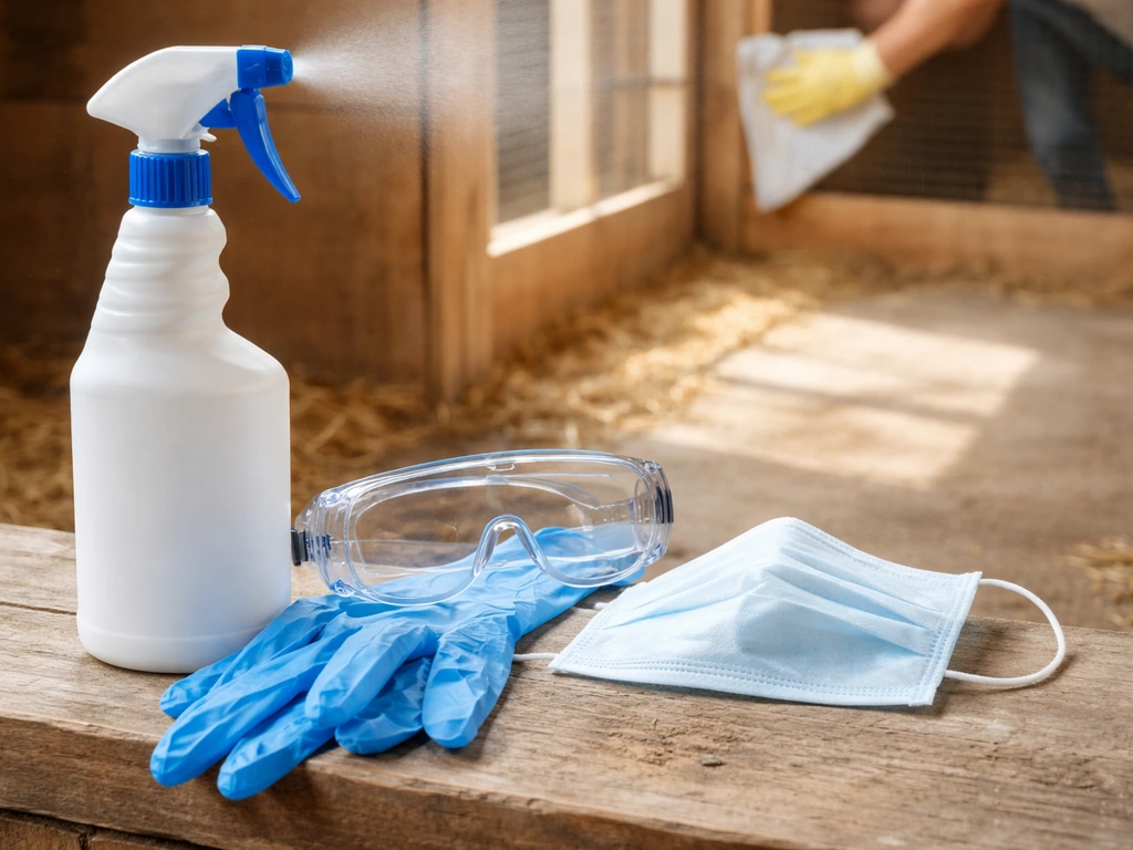 Disinfectant spray bottle beside gloves and eye protection over a clean chicken coop cleaning scene