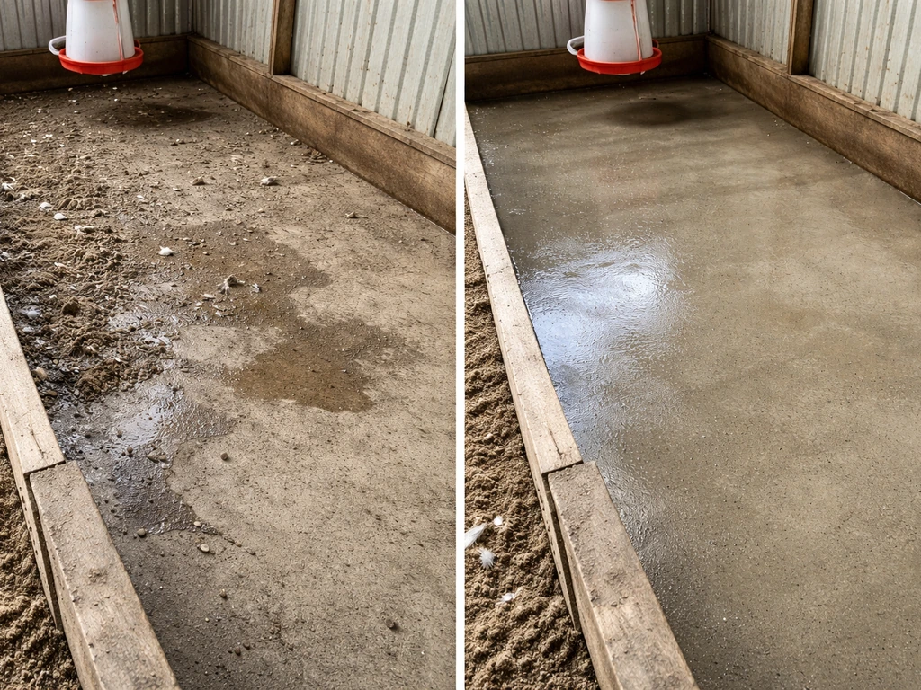 Split-scene photo of a poultry enclosure floor: dirty droppings area vs freshly cleaned disinfected area
