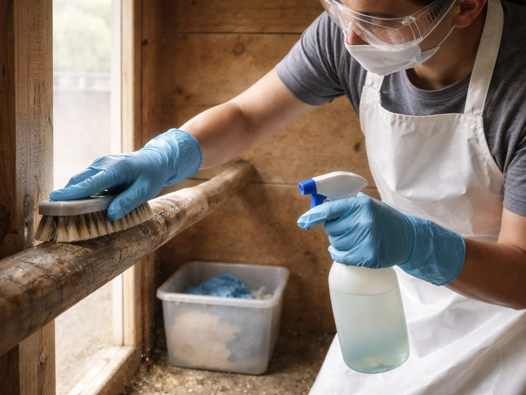 Gloved and eye-protected person disinfecting a simple empty chicken coop with brush and spray.