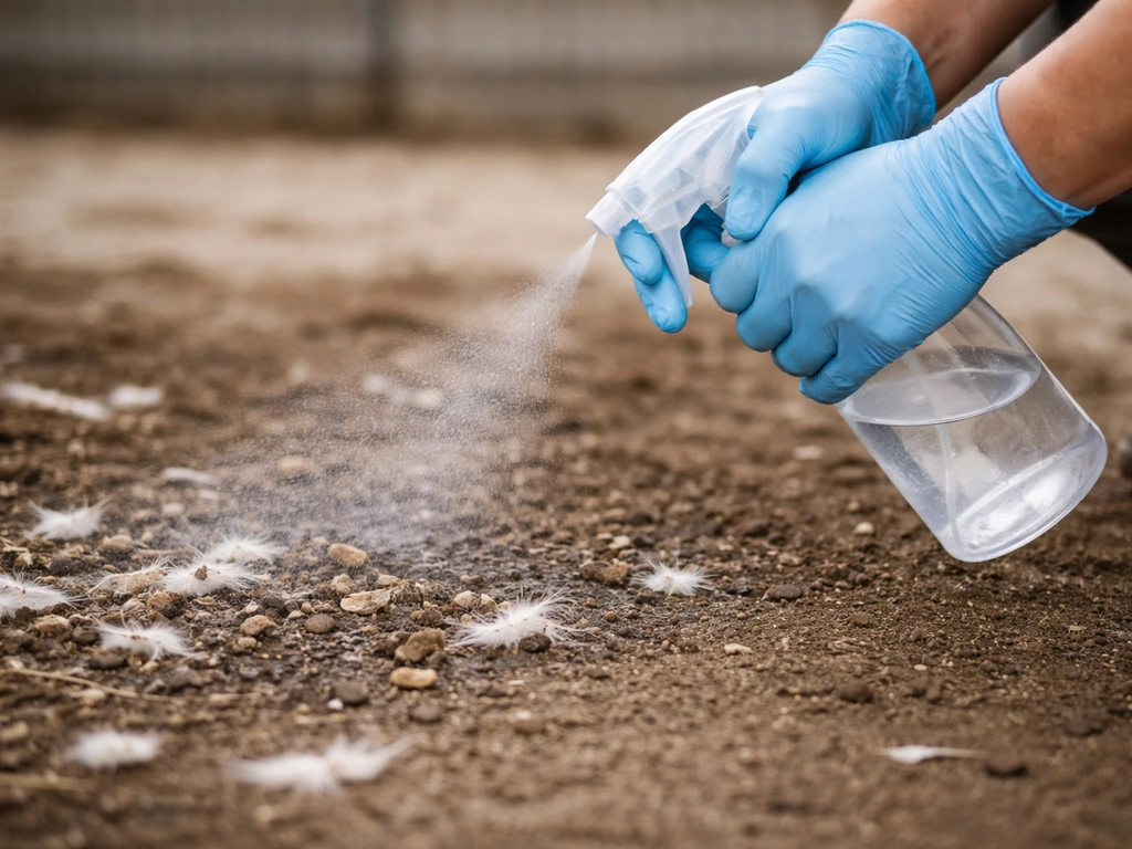 Worker wearing gloves mists a lightly contaminated area with disinfectant before cleaning bird droppings