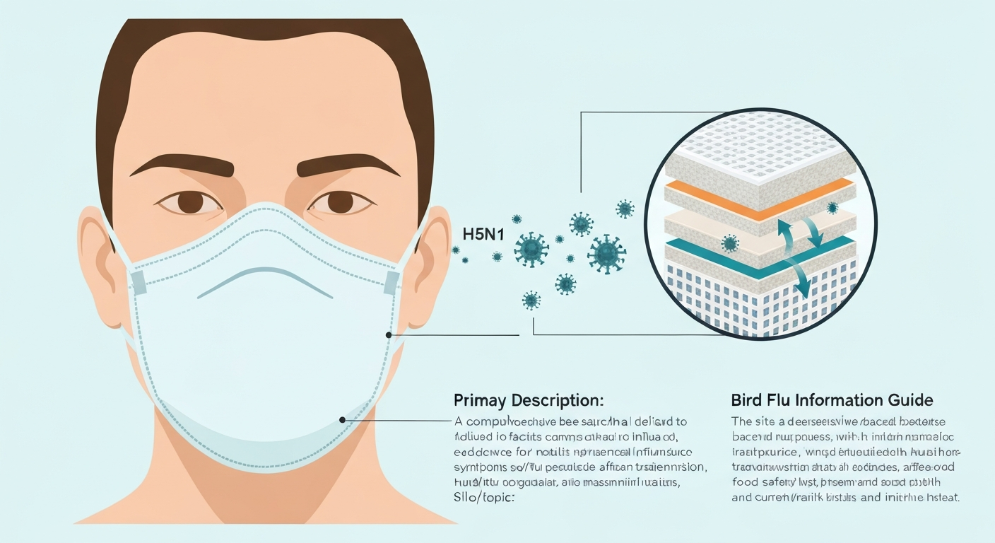 Illustration of a KN95 respirator and a cross-section showing airborne influenza particles being captured by the filter.