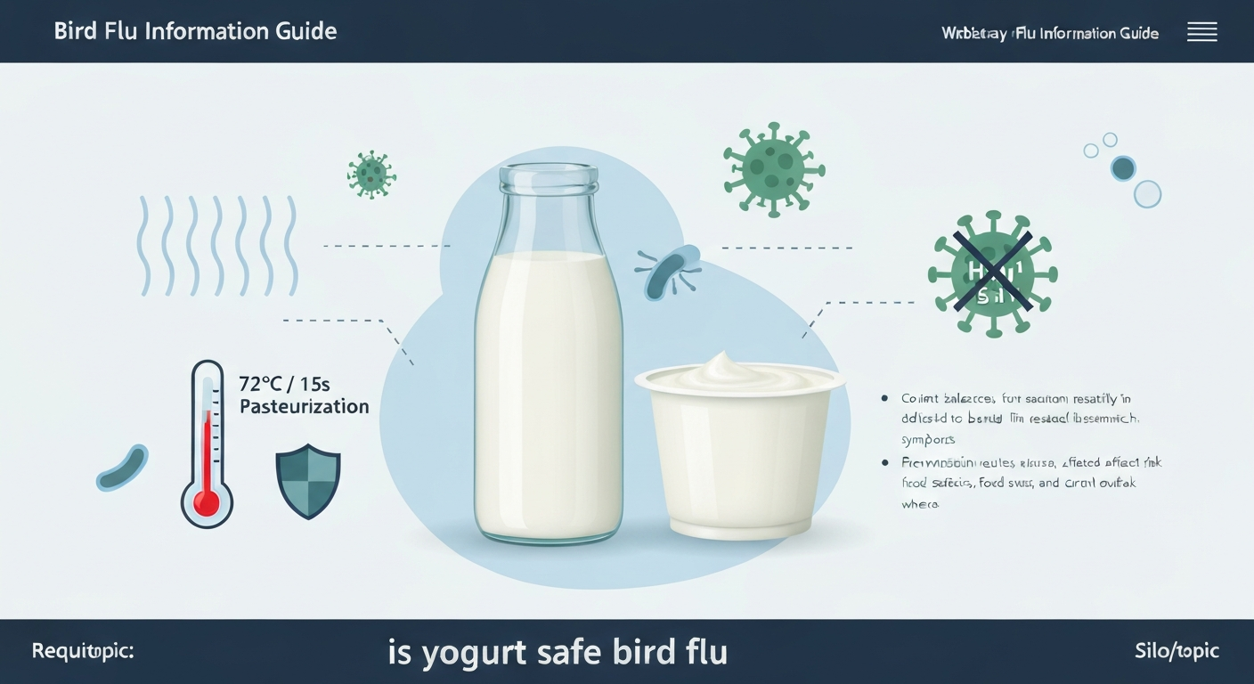 Infographic-style image showing a milk bottle and yogurt cup with a thermometer indicating pasteurization (72°C/15s) and a shield symbol; a stylized virus icon is shown being inactivated, conveying that pasteurization and yogurt fermentation protect against viruses.