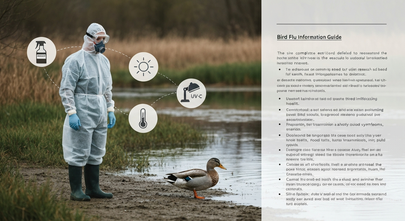 Illustration of a person in PPE standing at a safe distance from an ill wild duck, with icons for disinfectant, sunlight, UV-C and heat representing environmental measures and risks.