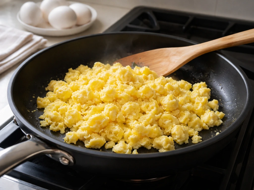 Fully cooked scrambled eggs in a clean skillet with a wooden spatula in a tidy kitchen.
