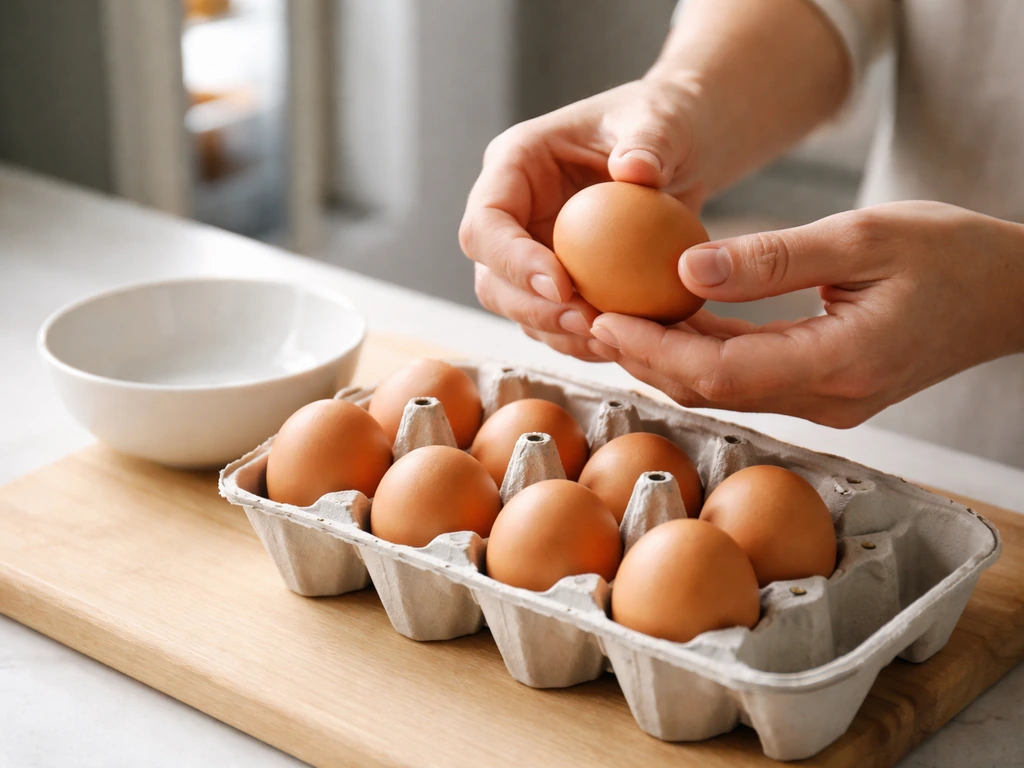 Hands inspecting a cold egg for cracks on a clean prep surface before cooking.