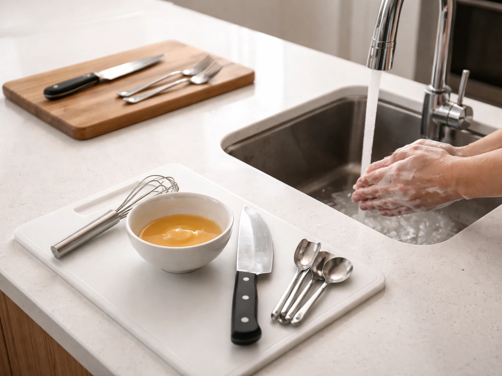 Soapy hands under a faucet with raw egg on a separate cutting board, showing kitchen cross-contamination prevention