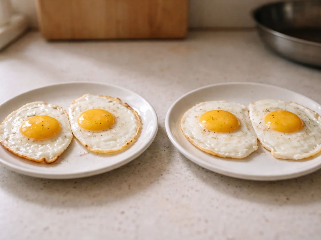 Two plates of eggs: runny yolks on one side and fully set yolks on the other.