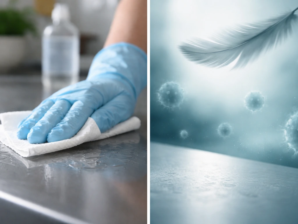 Split photo: gloved hand wiping stainless surface with isopropyl alcohol, plus abstract virus-like avian flu concept.