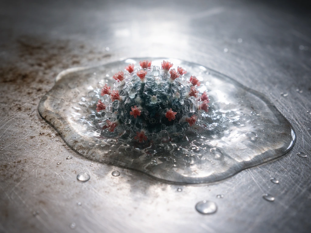 Macro view of a contaminated metal surface with an alcohol disinfectant sheen disrupting an enveloped virus.