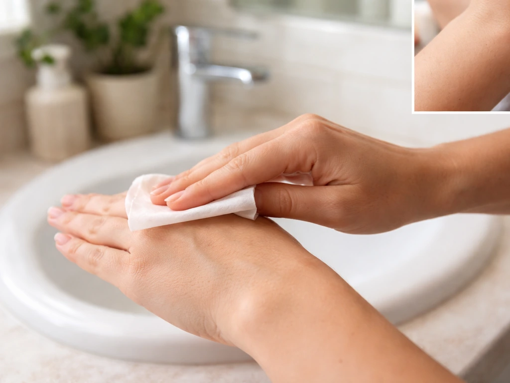 Hands applying 70% isopropyl alcohol to intact skin with a wipe, over a clean sink.
