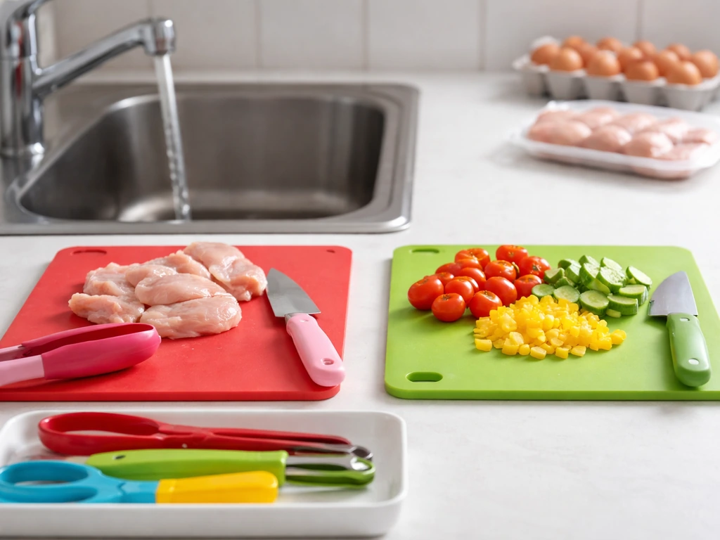 Minimal kitchen prep scene with raw poultry/eggs area, separate cutting boards, and handwashing sink for hygiene.