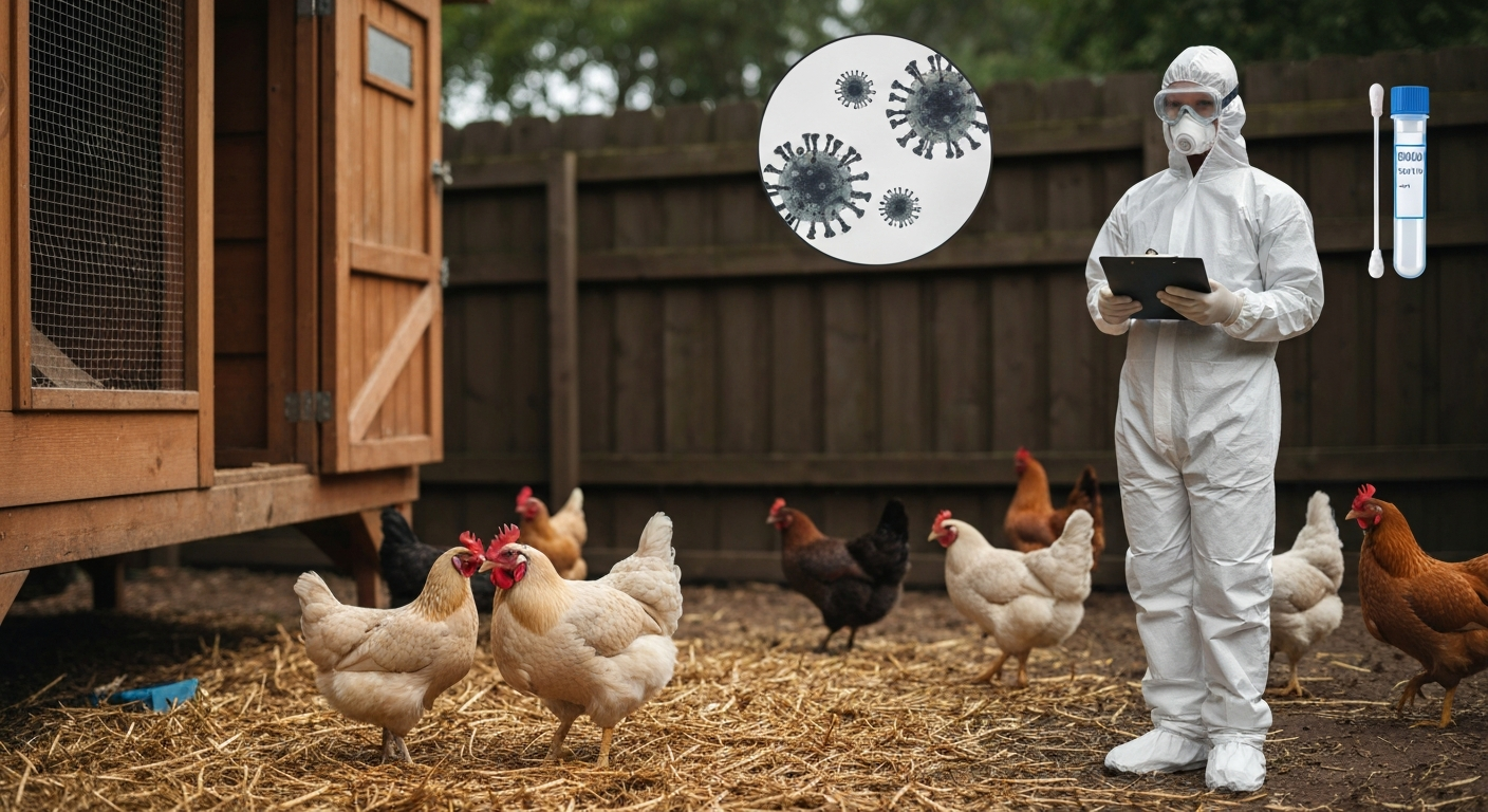 Backyard chickens with one bird showing swollen bluish comb; a person in full PPE observes from a distance; inset shows virus and swabs.
