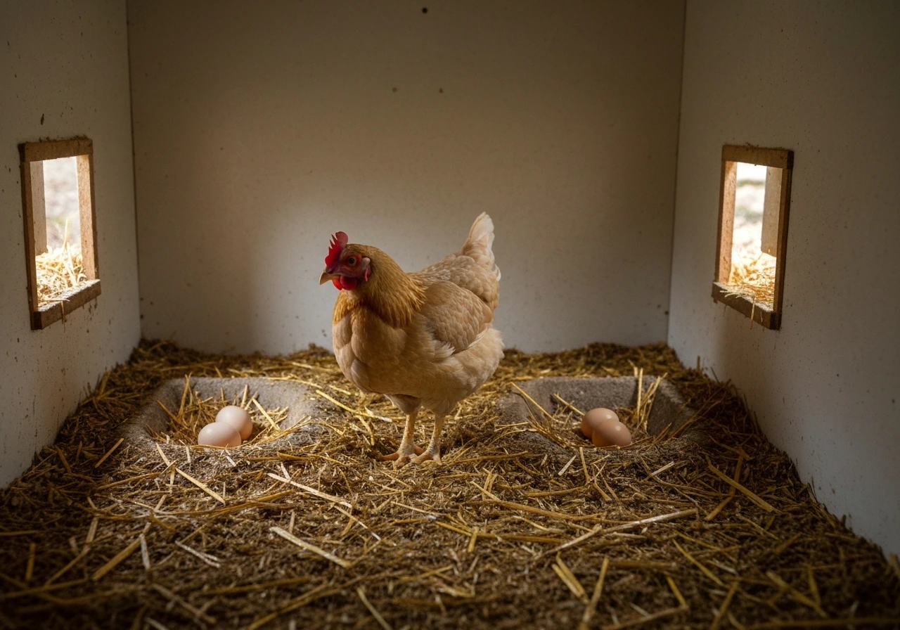 An egg-laying hen in a straw-lined coop beside a nearly empty nest, suggesting reduced egg supply.