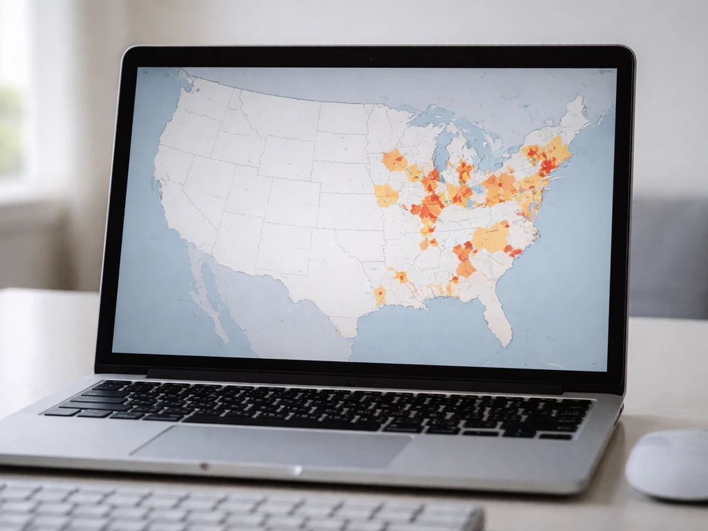 Close-up of a laptop showing a live-style animal health outbreak map dashboard with highlighted regions.