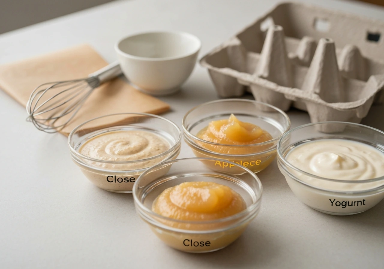 Minimal baking counter with three bowls of egg-substitute ingredients and basic mixing tools under natural light.