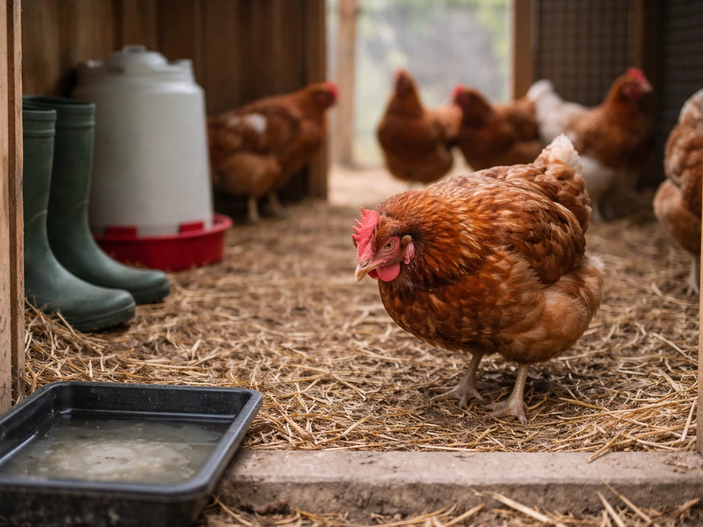 Close-up of backyard coop chickens with subtle biosecurity cues like boots and disinfectant tray.
