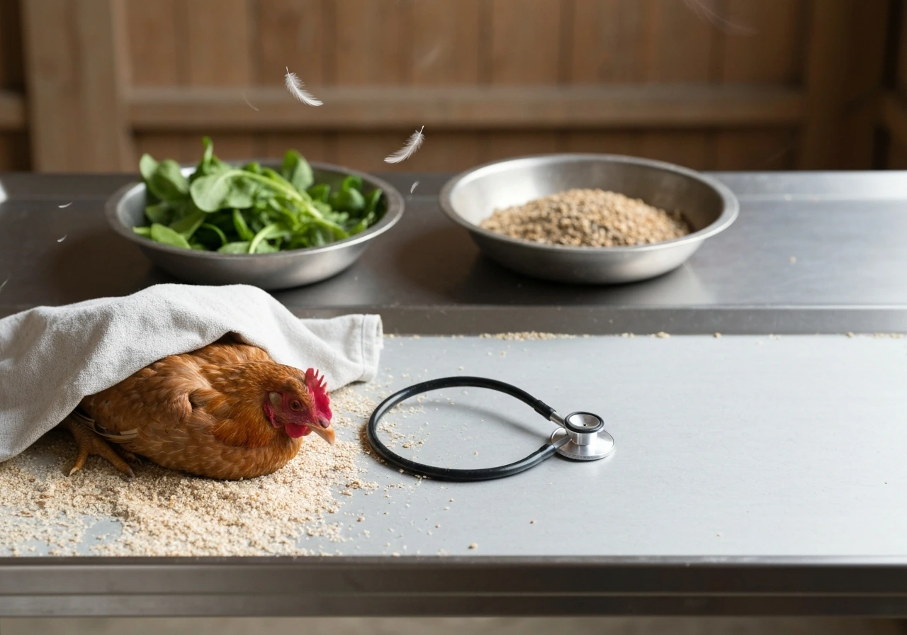 Single chicken on a veterinary table with subtle cues of healthy vs rapid decline, no text or graphics.