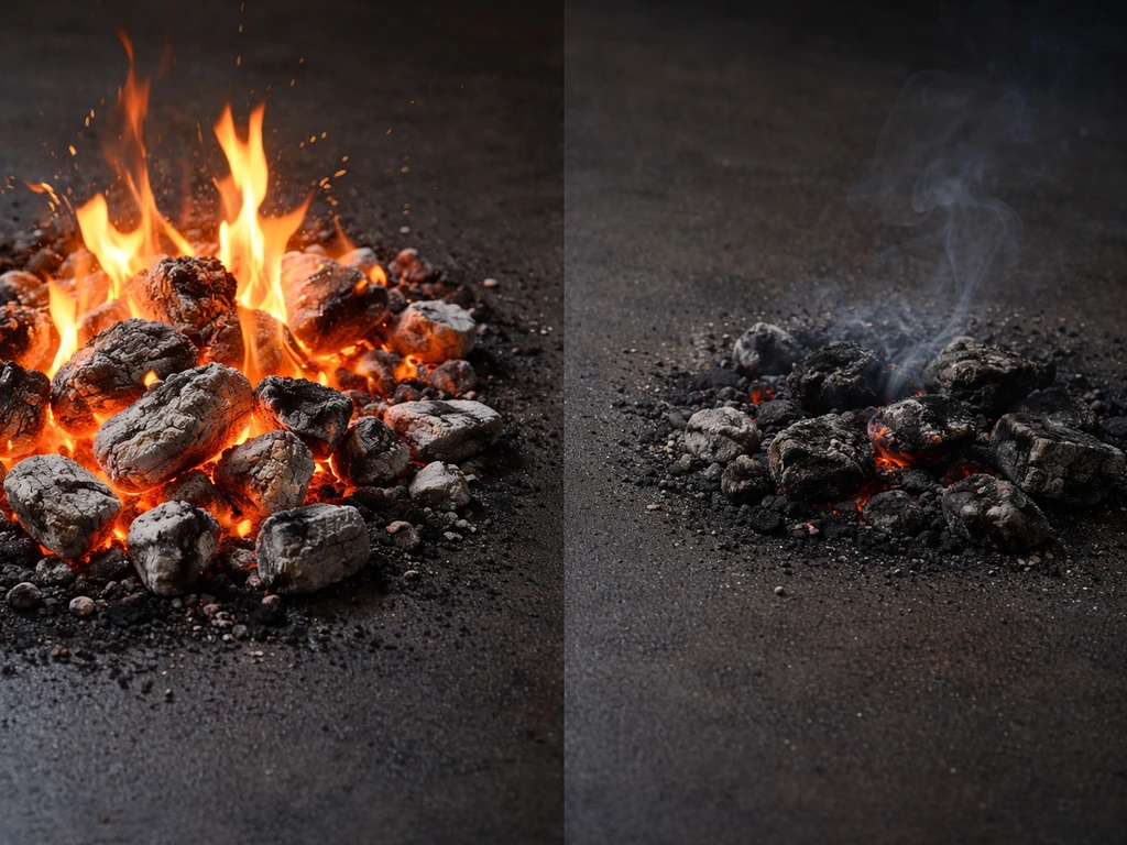 Minimal photo showing a split scene: fast-burning coals vs slow-smoldering embers on a dark tabletop