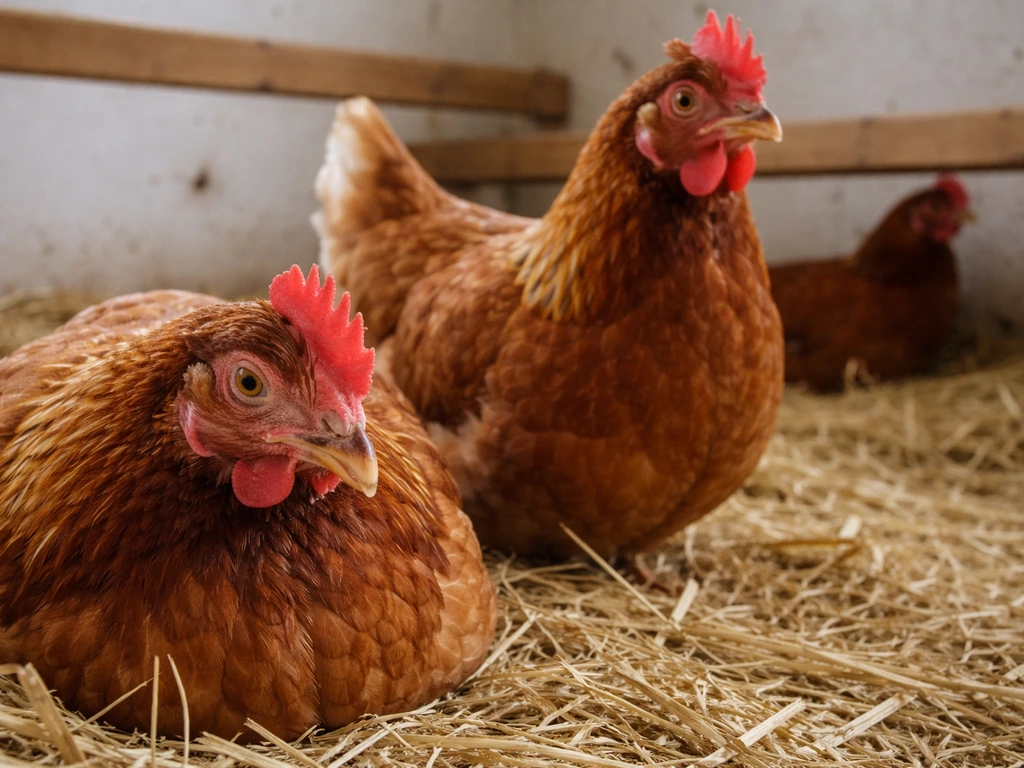 Close-up of a few laying hens in a simple coop, one looking lethargic with slight nasal discharge.