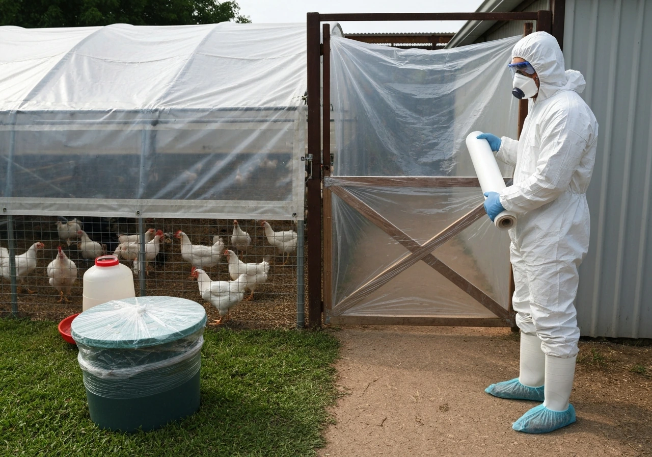 Biosecurity worker setting up a covered isolation zone near poultry pens, stopping entry and sealing feed and water.