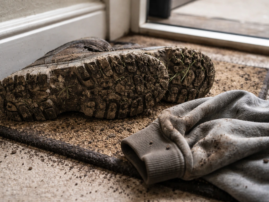 Close-up of muddy shoe soles and a dirty garment near a doorway, suggesting contaminated fabric and surfaces.