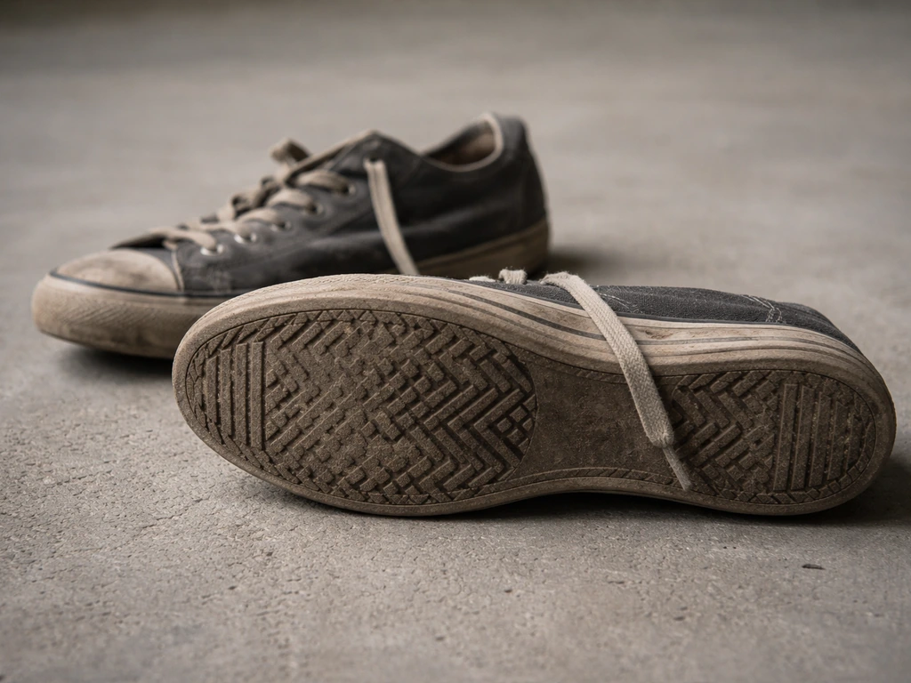 Close-up of an old shoe showing hard sole and soft fabric textures on concrete.