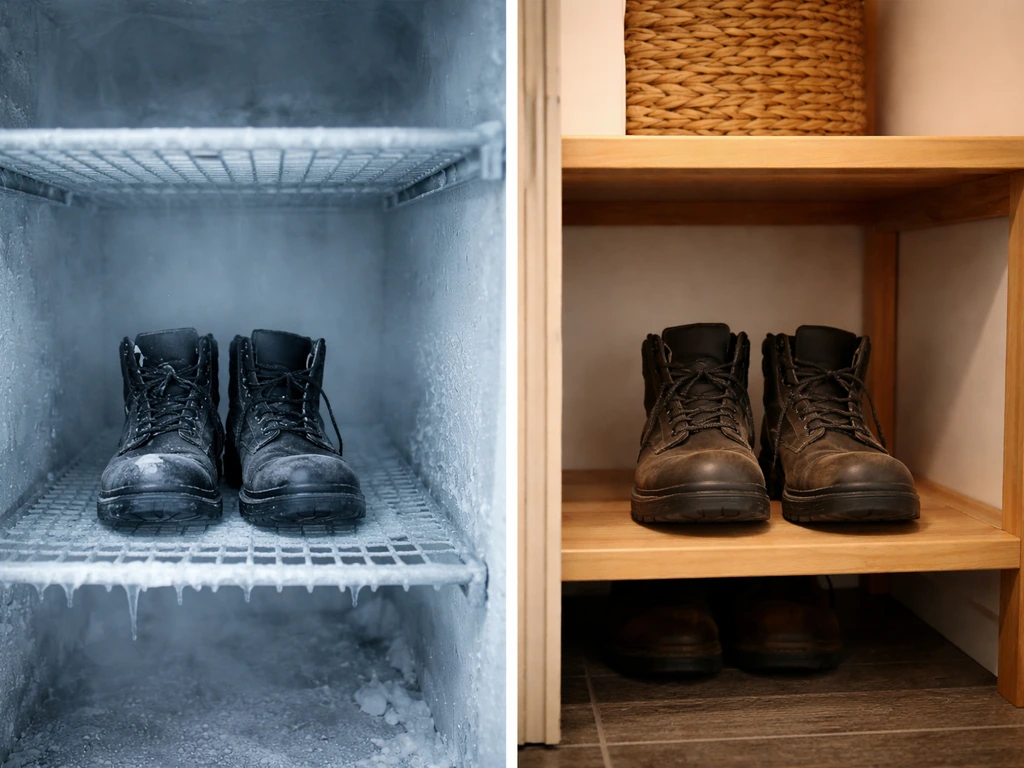 Two sides show boots stored in cold freezer-like area versus warm indoor shelf.
