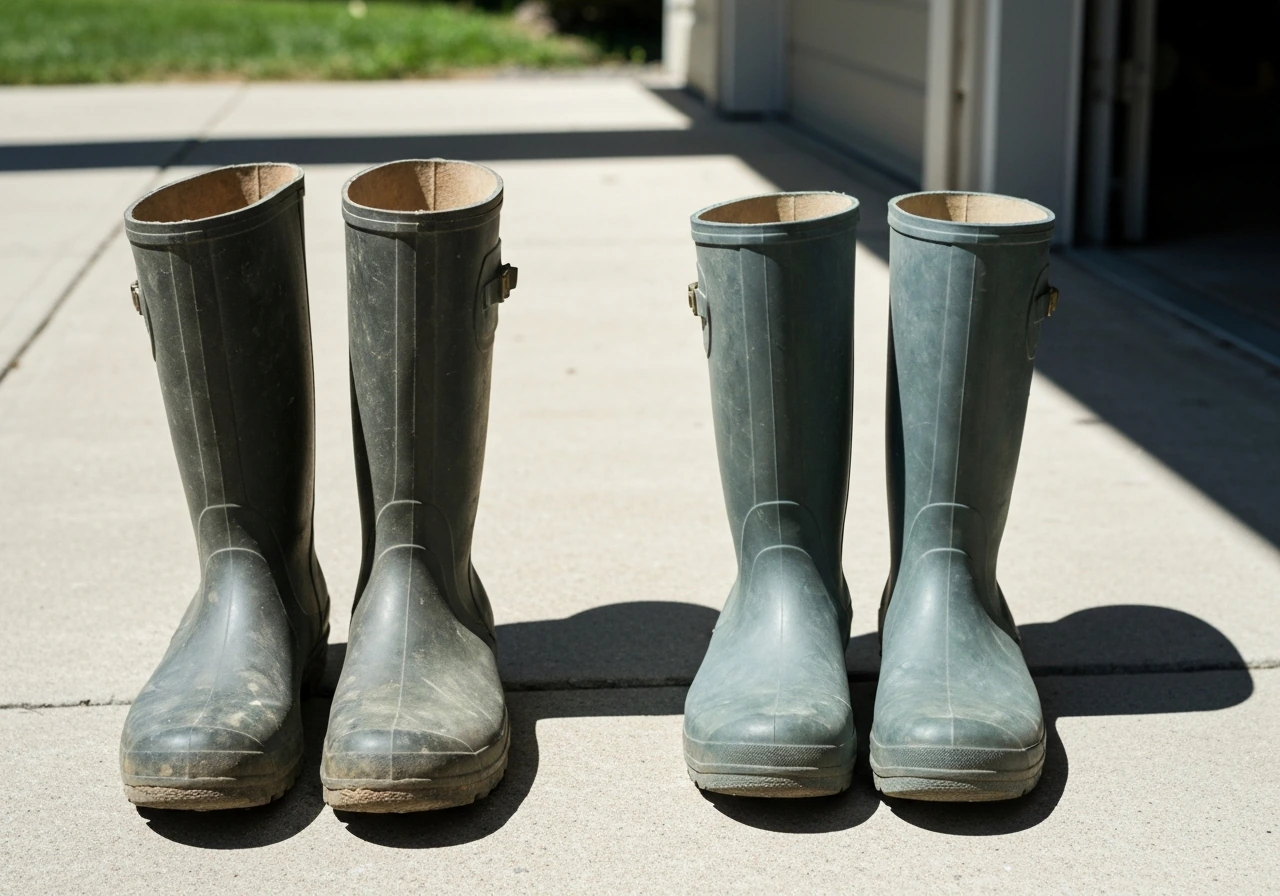Two rubber boots: one pair in direct sunlight, the other in shade/garage overhang for comparison.
