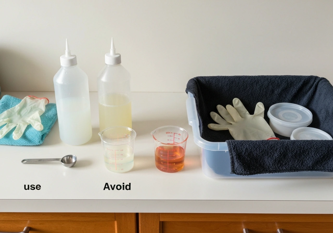 Minimal photo of diluted bleach and another disinfectant setup with a separate avoid bin on a counter.