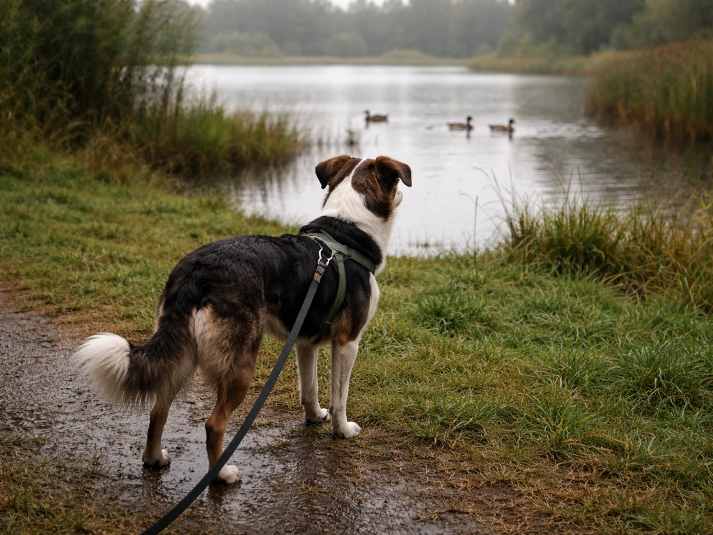 Dog on a leash near a wetland edge with wild waterfowl in the background, showing safe distance from birds.