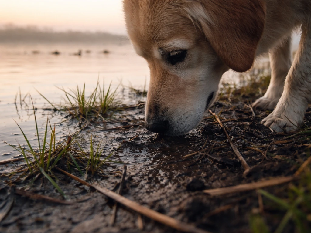 Dog sniffing damp wetland shoreline mud near distant waterfowl silhouettes.