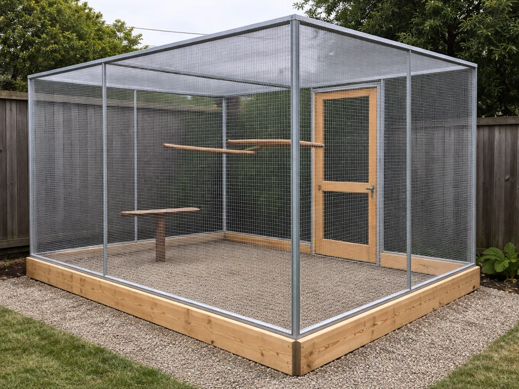 Close view of a covered outdoor aviary with clear fine mesh over the top and sides to block wild birds.