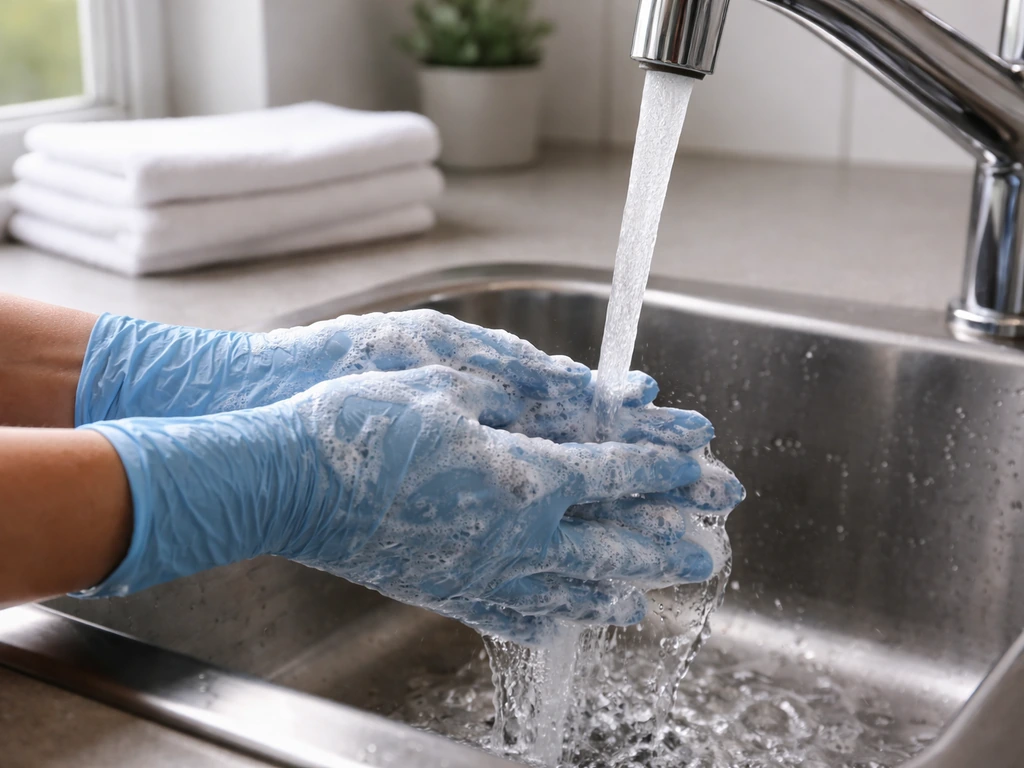 Gloved hands washing with soap and water at a sink next to towels in a pet-bird handling area.