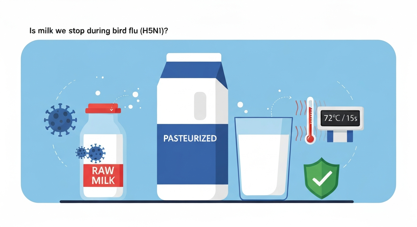 Infographic showing raw milk with virus icons and a pasteurization step (72°C/15s) that removes virus icons; pasteurized milk carton marked safe.