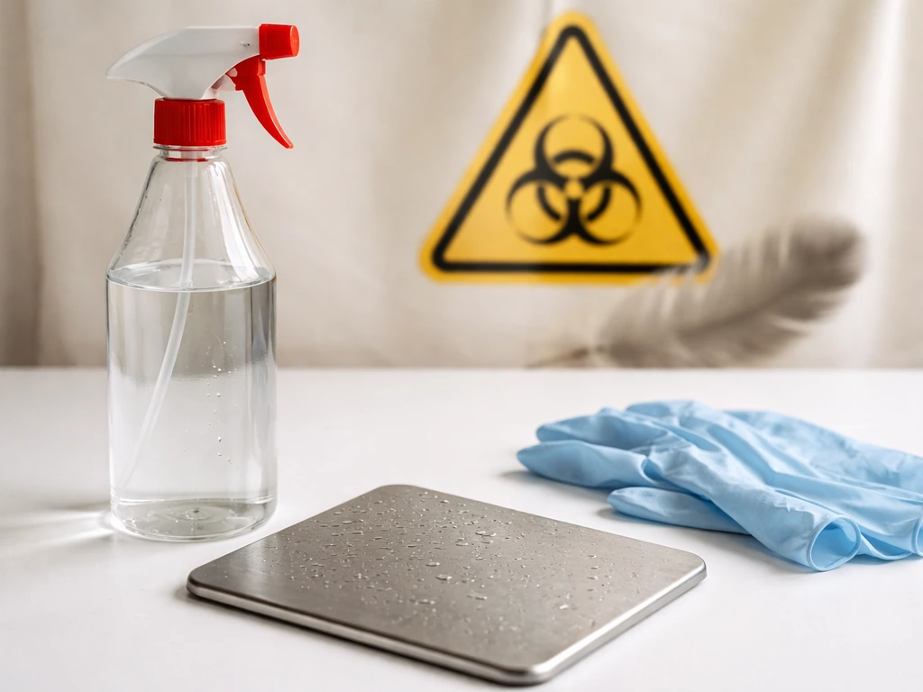 Alcohol spray and clean surface with disposable gloves, suggesting safe disinfection for bird-flu prevention.