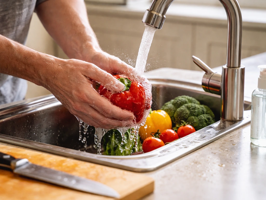 Hands washing produce with soap and water at a clean kitchen sink; disinfectant bottle nearby.
