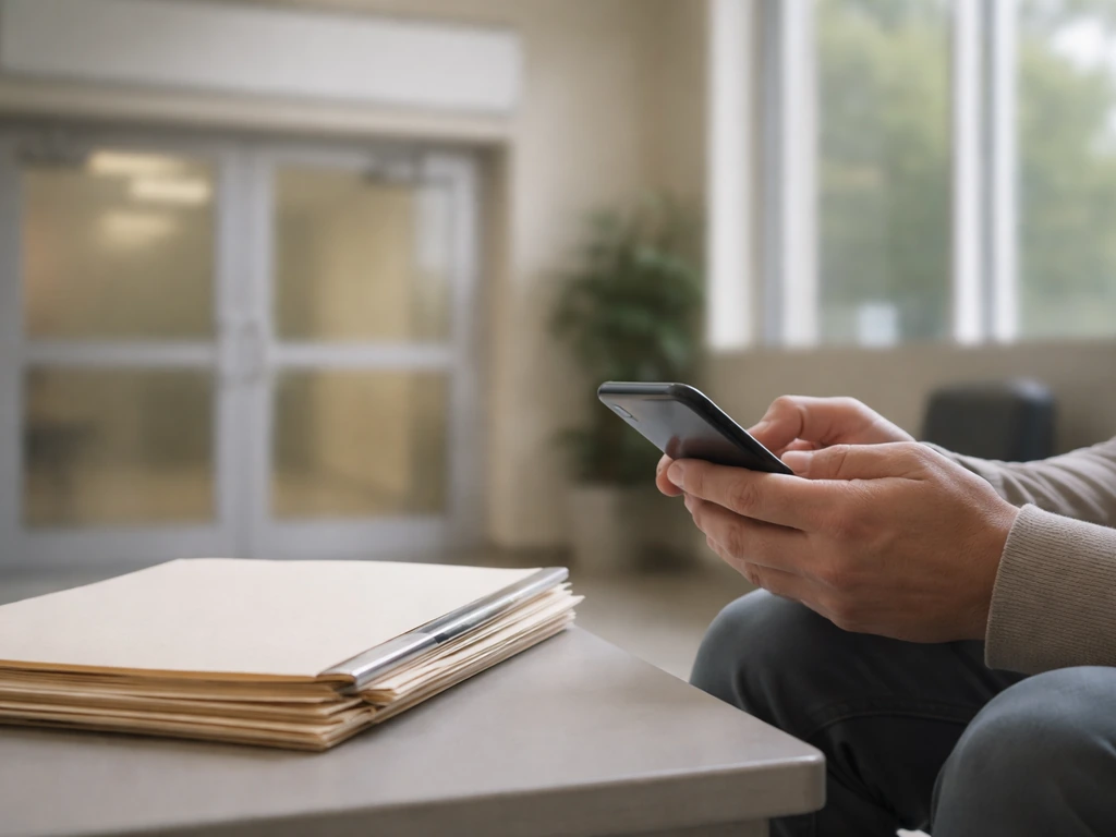 Person holding a phone while papers sit beside a building entrance sign, suggesting contacting public health.
