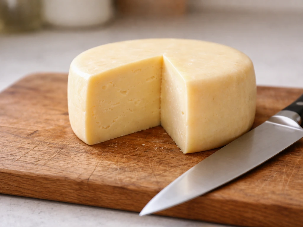 Close-up of a cheese wheel and slice on a rustic board with a clean knife for dairy safety.