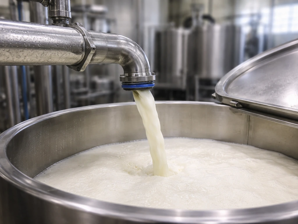 Close-up of stainless dairy equipment with a milk stream, suggesting contamination risk in cheese production