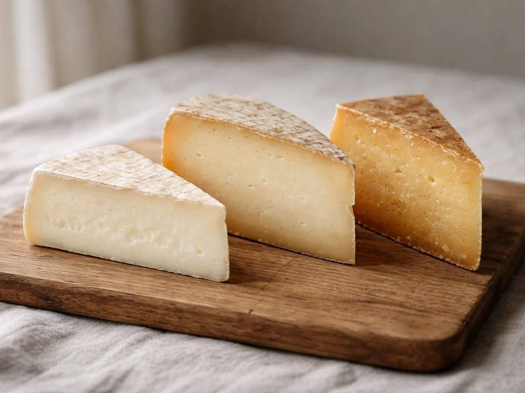 Three cheese wedges showing fresh, semi-aged, and hard-aged stages on a wooden surface.