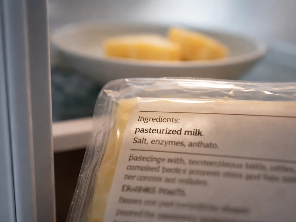 Close-up of cheese package ingredients in a fridge with “pasteurized milk” readable.