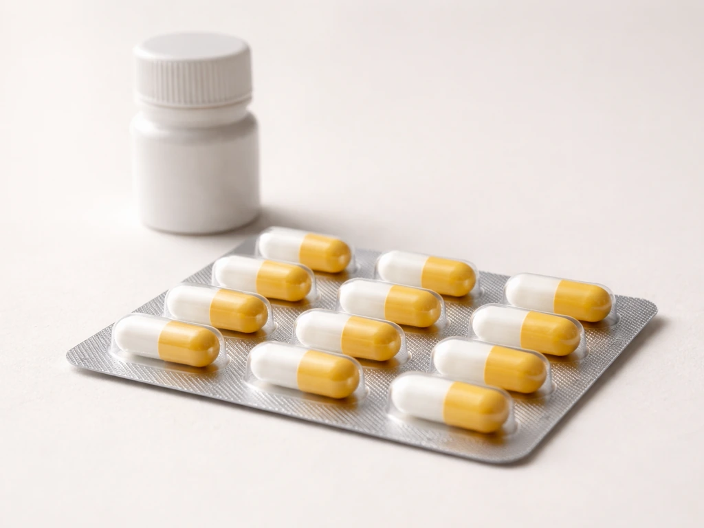 Close-up of an oseltamivir capsule blister pack and small medication bottle on a neutral clinical background.